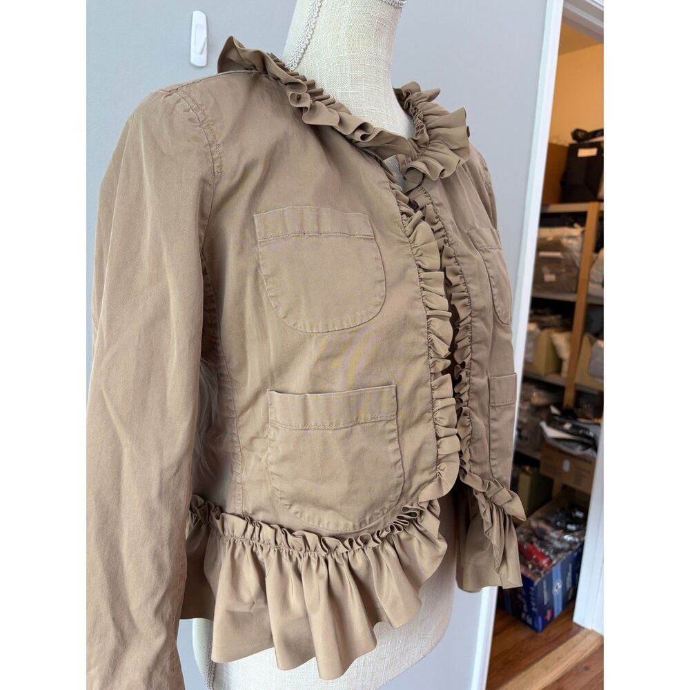 J.Crew Ruffle Trim Peplum Tan Khaki Jacket Open Front Hook Eye Coat Size 4